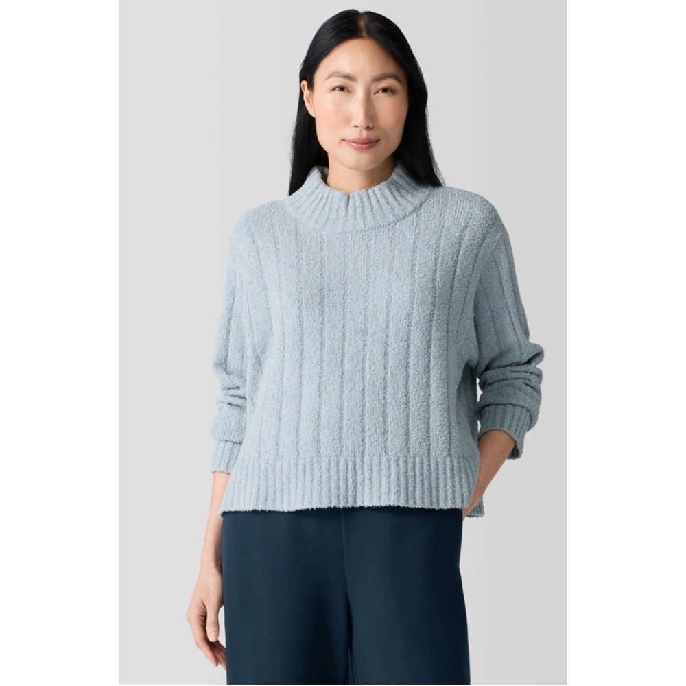 Eileen Fisher | Cotton Fluff Rib Turtleneck Top Boxy Fit Cropped Frost Blue Sz L